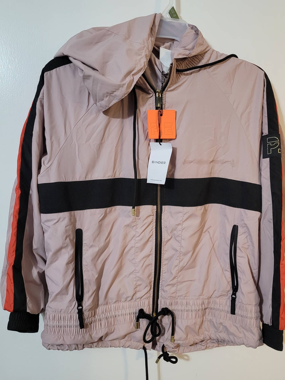BANDIER Women's Pink Hooded Bomber Jacket with Contrast Stripes